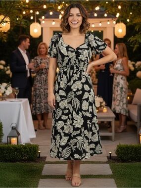 Umgee Black Midi Dress - Ivory  Floral Print & Puff Sleeves - Lined - NWT